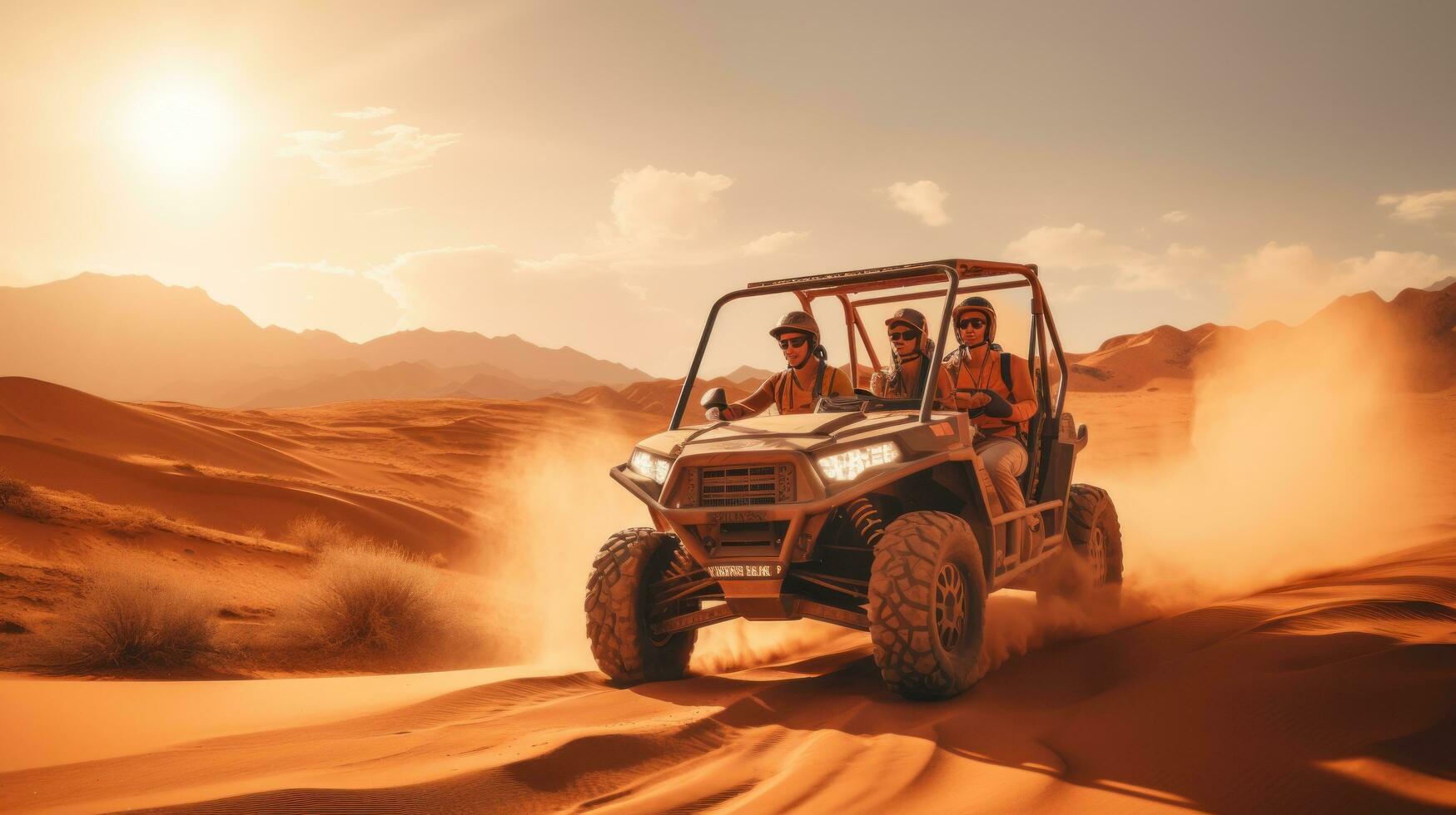 une Jeune couple monte dans une petit chariot par le désert dans le Émirats arabes unis photo