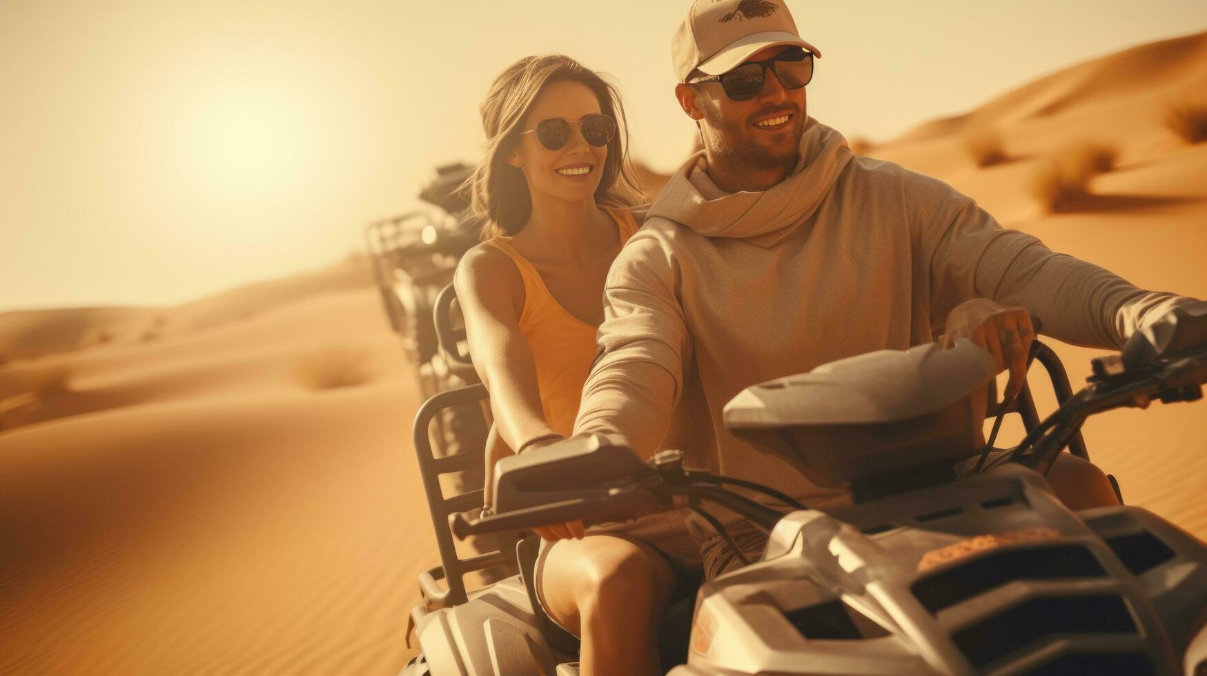 une Jeune couple monte dans une petit chariot par le désert dans le Émirats arabes unis photo