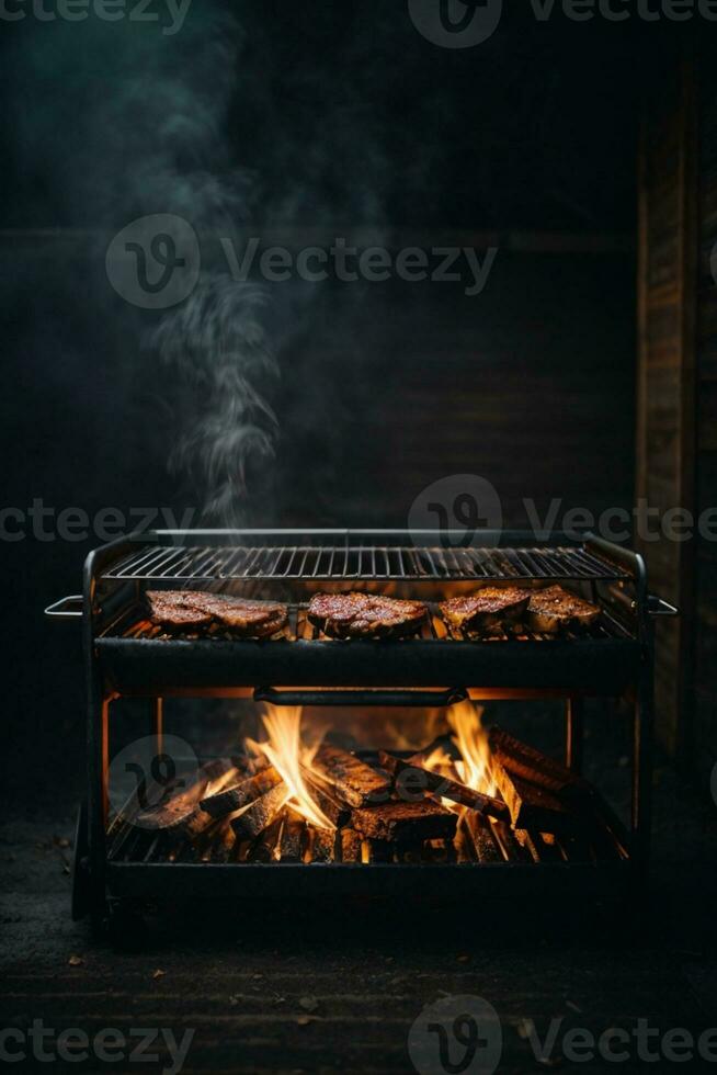 gril Contexte - vide mis à la porte barbecue sur noir. ai généré photo