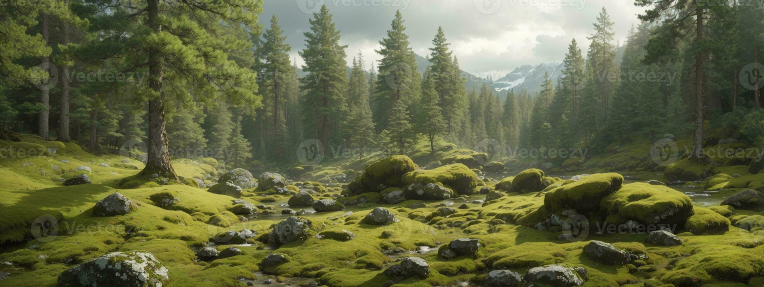 région sauvage paysage forêt avec pin des arbres et mousse sur rochers. ai généré photo