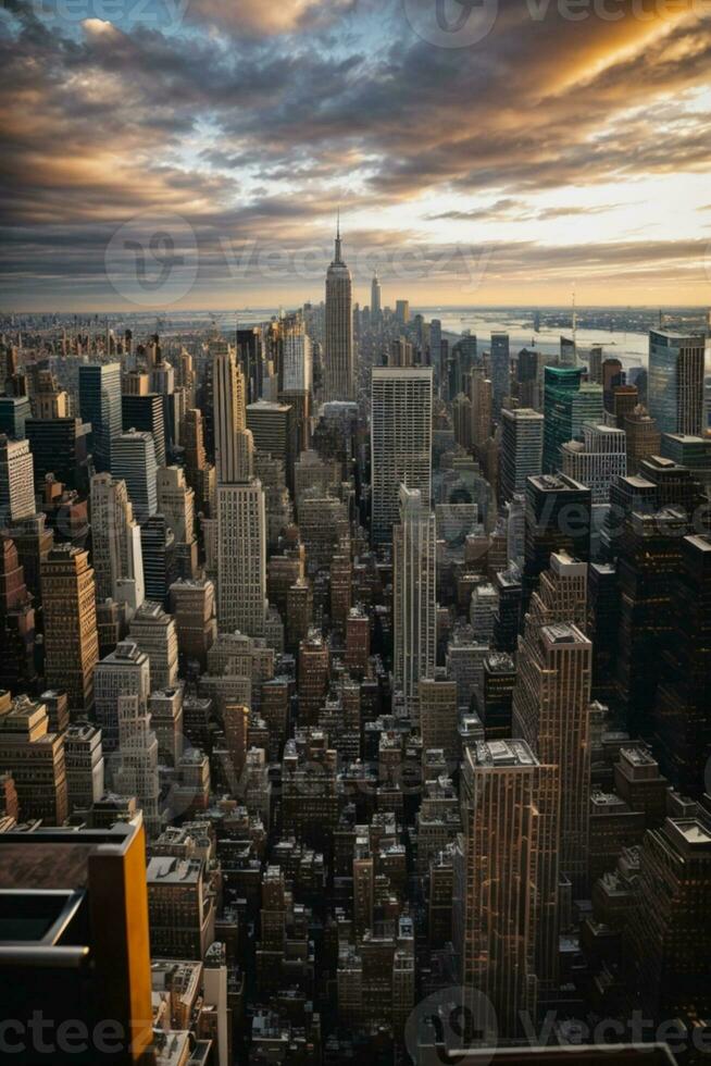 le coucher du soleil vue de Nouveau york ville à la recherche plus de Midtown Manhattan. ai généré photo