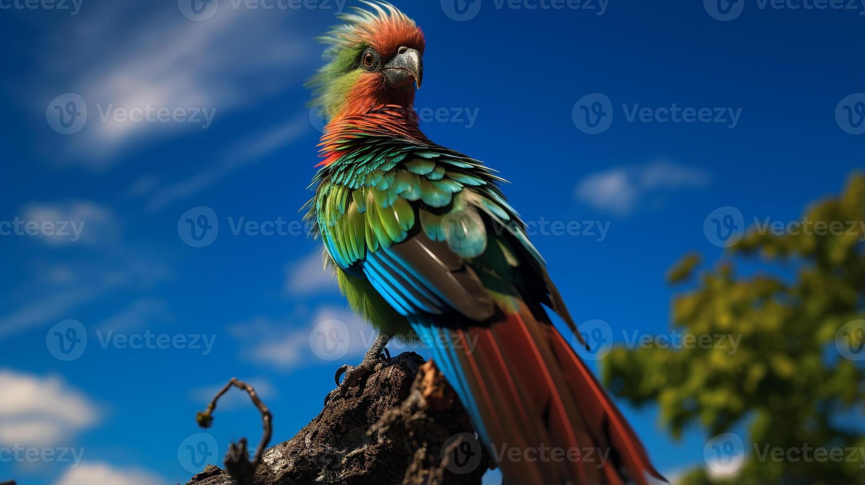 photo de quetzal dans là forêt avec bleu ciel. génératif ai