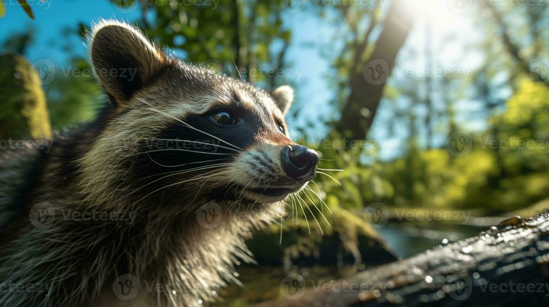 photo de raton laveur dans là forêt avec bleu ciel. génératif ai