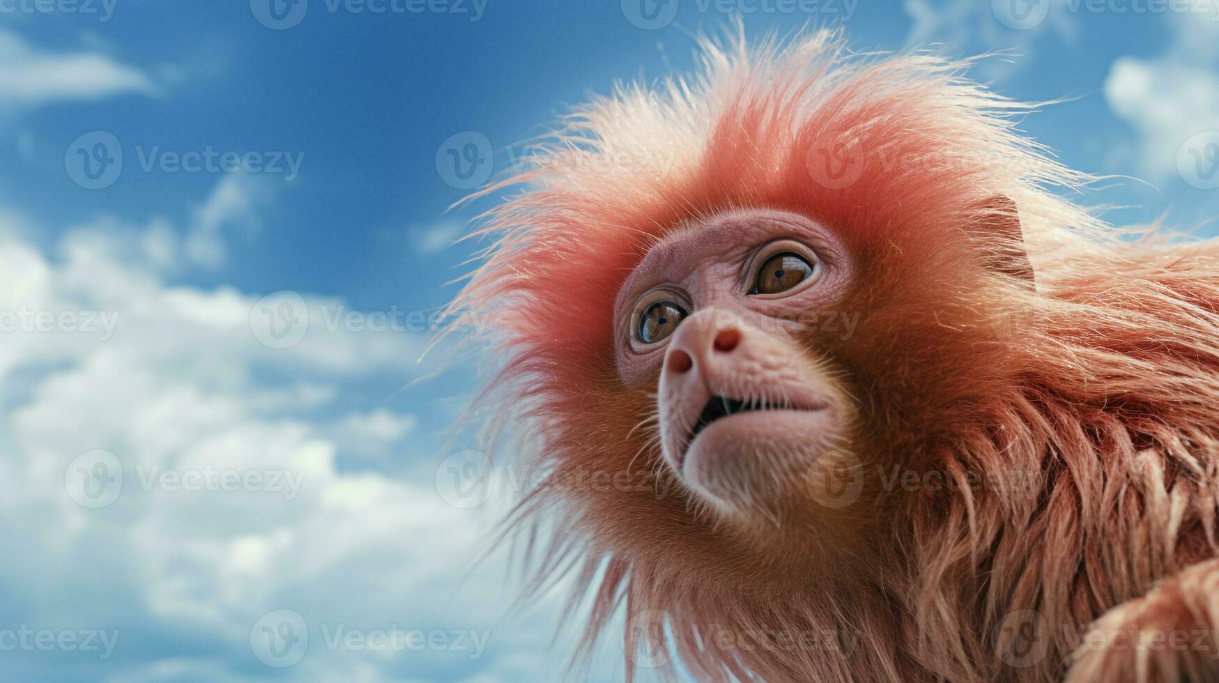 photo de une uakari singe en dessous de bleu ciel. génératif ai