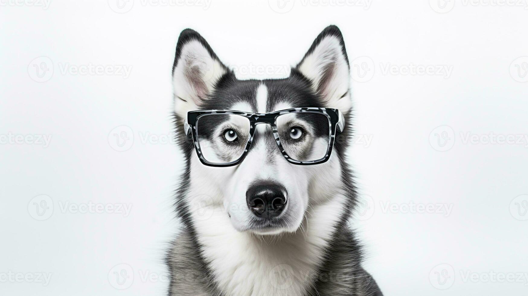 photo de une sibérien rauque chien en utilisant lunettes isolé sur blanc Contexte. génératif ai