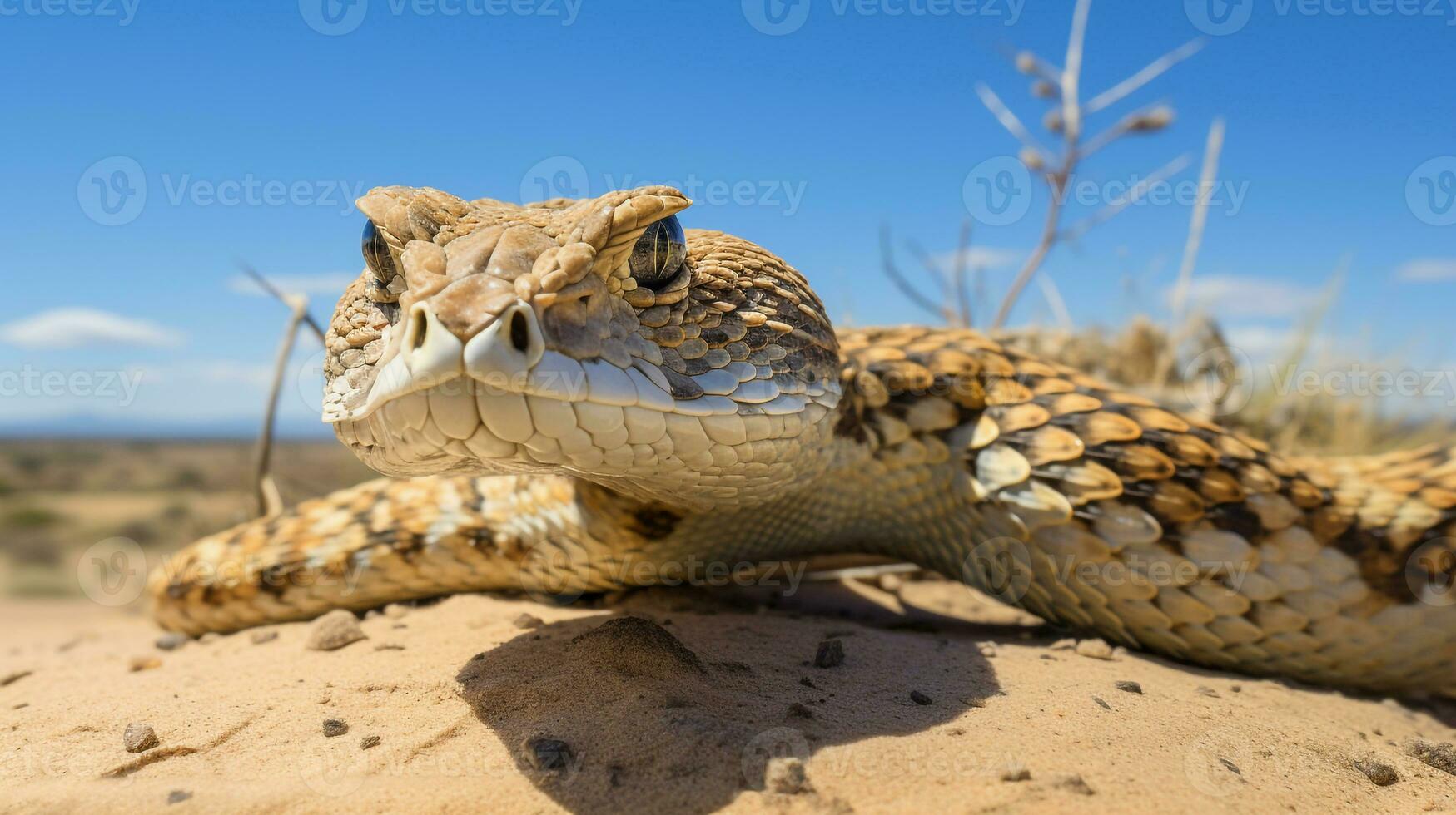 photo de une sidewinder serpent à sonnette dans une désert avec bleu ciel. génératif ai
