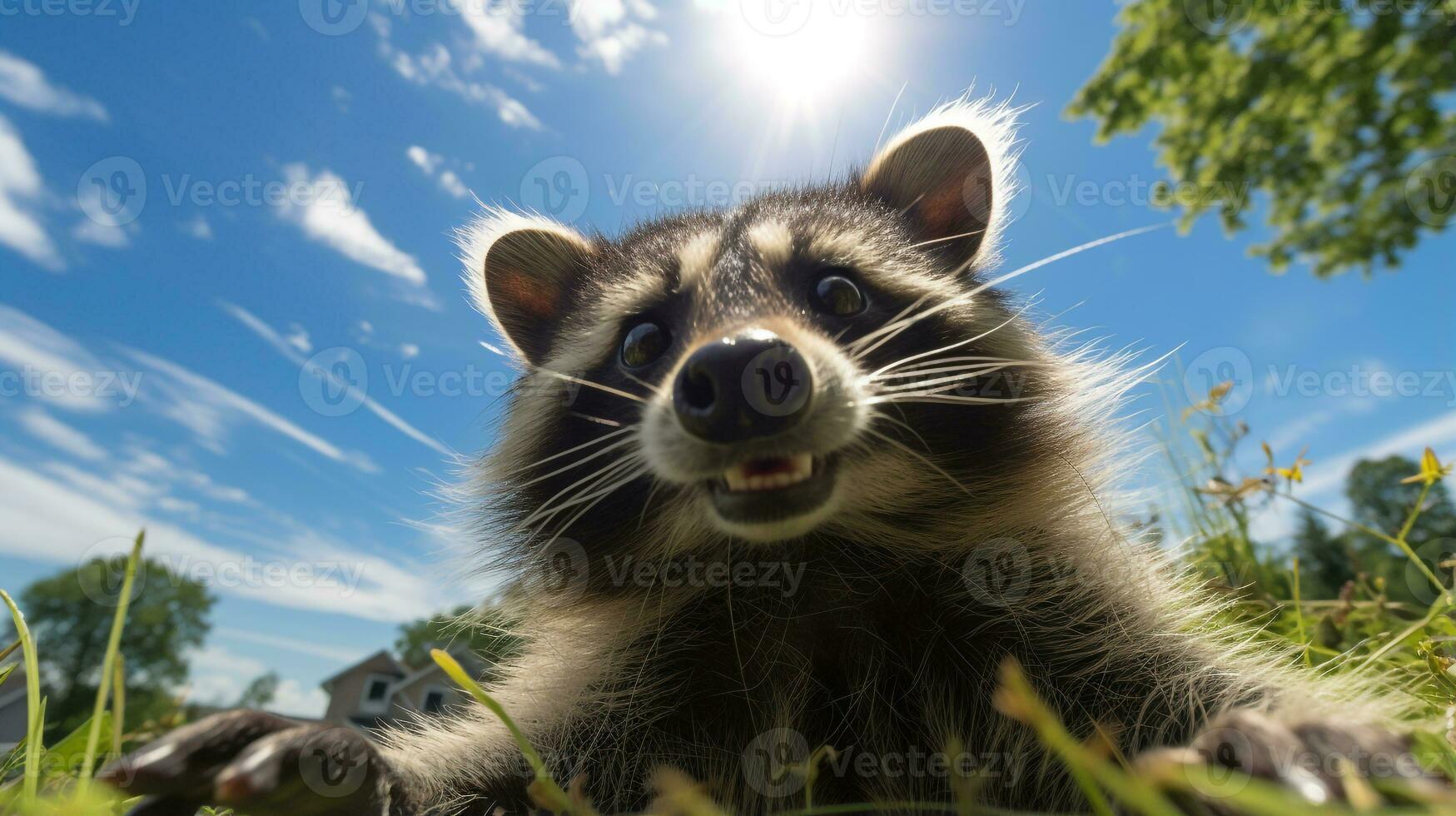 photo de une raton laveur en dessous de bleu ciel. génératif ai