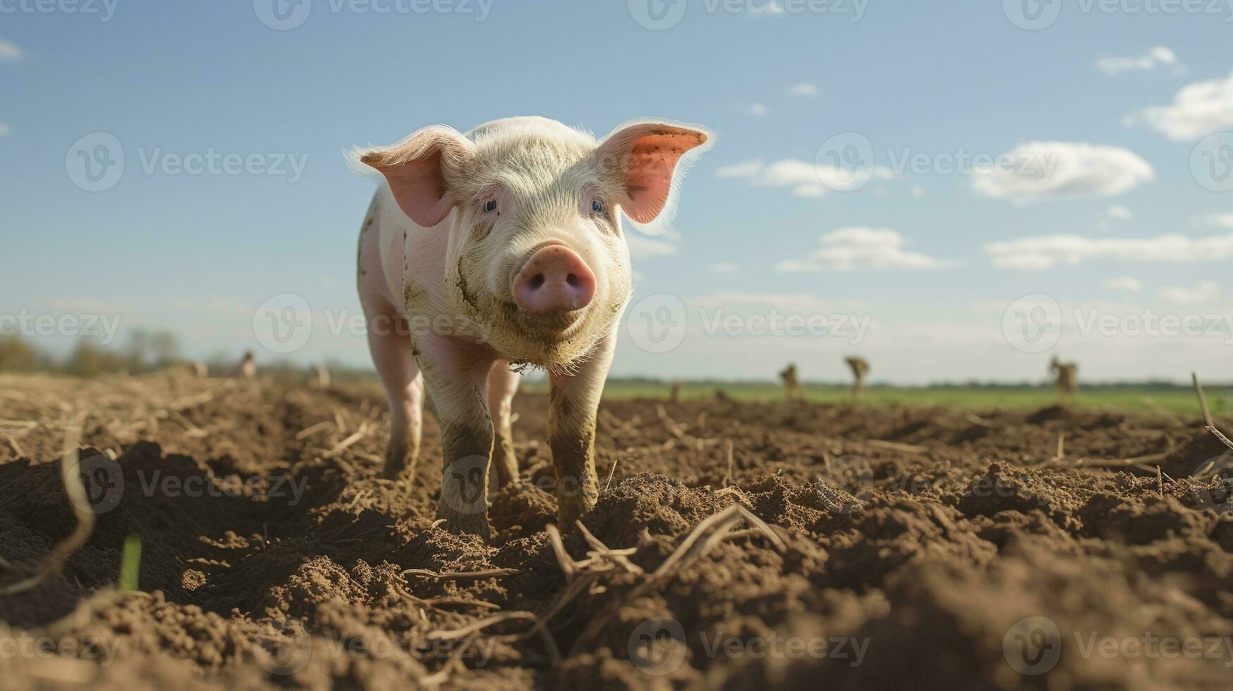 photo de une porc dans le les terres agricoles. génératif ai