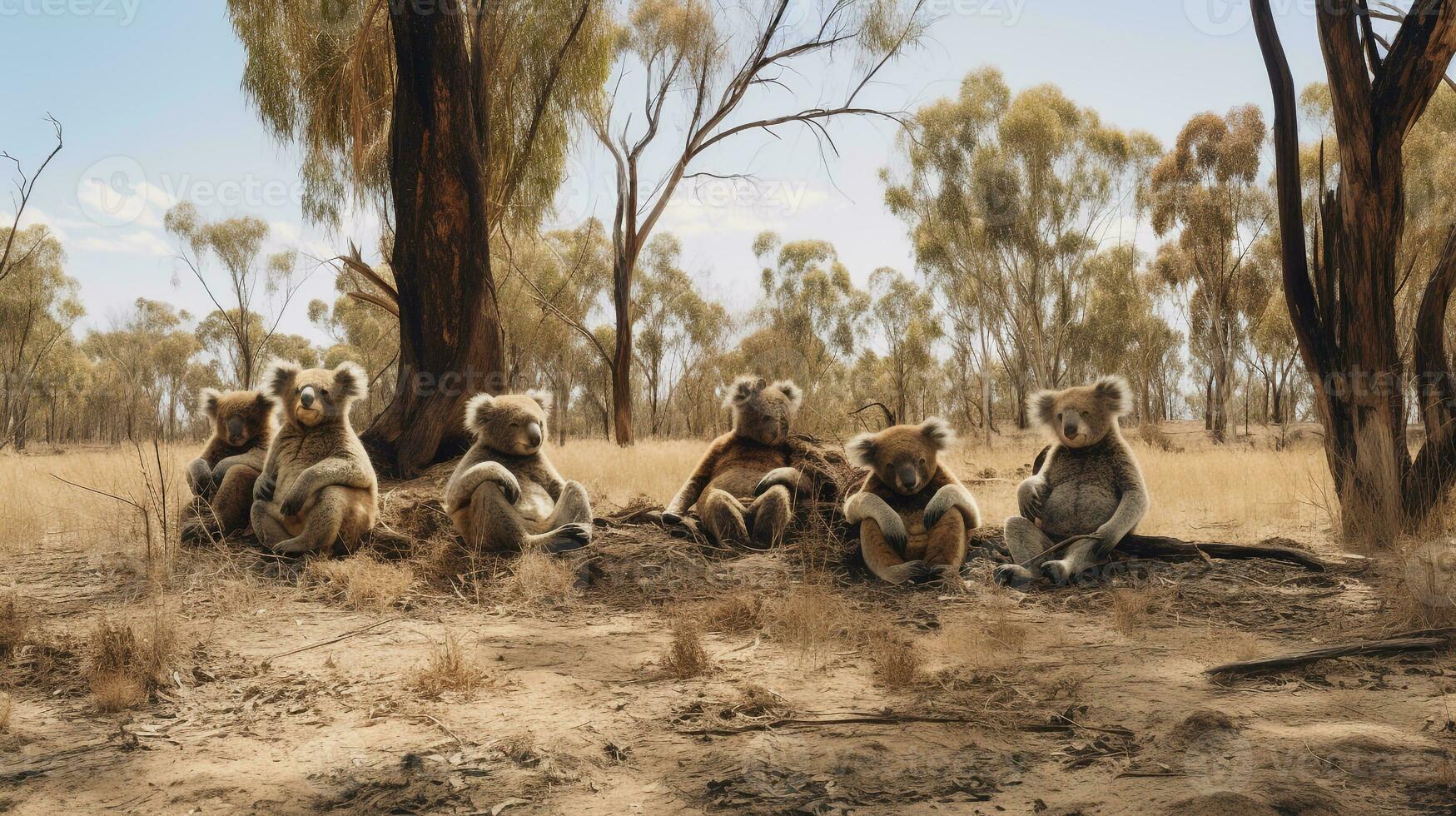 photo de une troupeau de koala repos dans un ouvert zone sur le savane. génératif ai