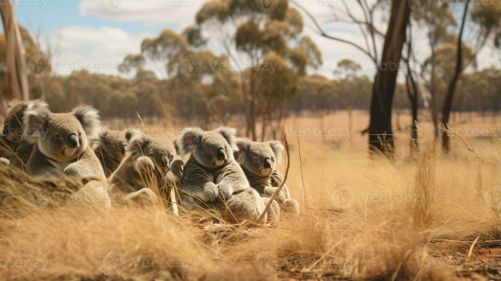 photo de une troupeau de koala repos dans un ouvert zone sur le savane. génératif ai