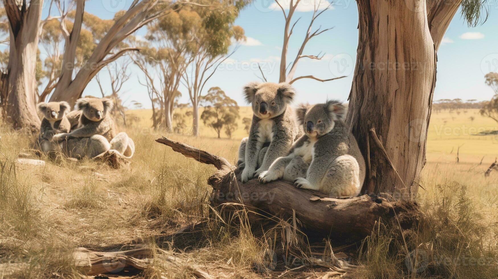 photo de une troupeau de koala repos dans un ouvert zone sur le savane. génératif ai