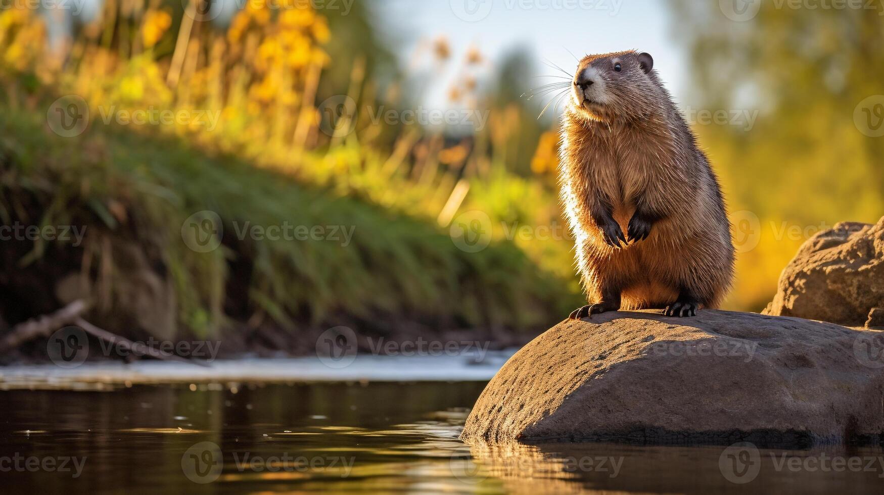 fermer photo de une marmotte à la recherche dans leur habitat. génératif ai