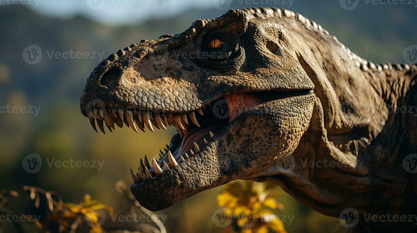 fermer photo de une tyrannosaure Rex à la recherche dans leur habitat. génératif ai