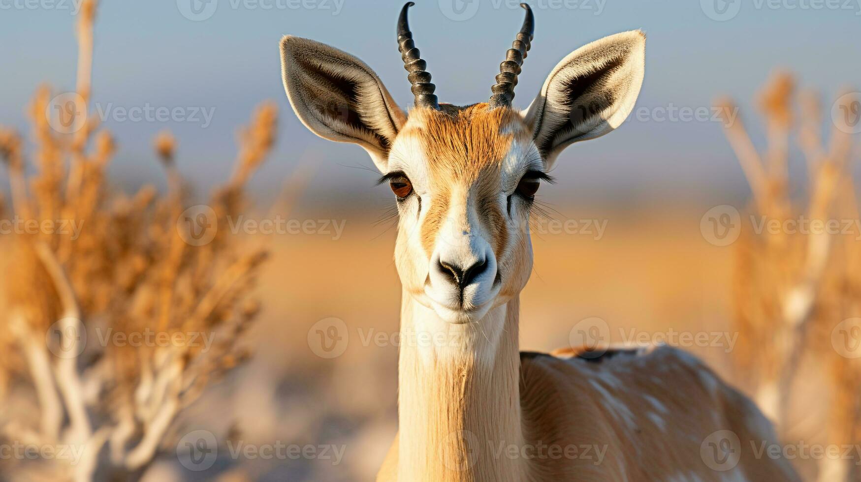 fermer photo de une le sable gazelle à la recherche tout direction dans le désert. génératif ai