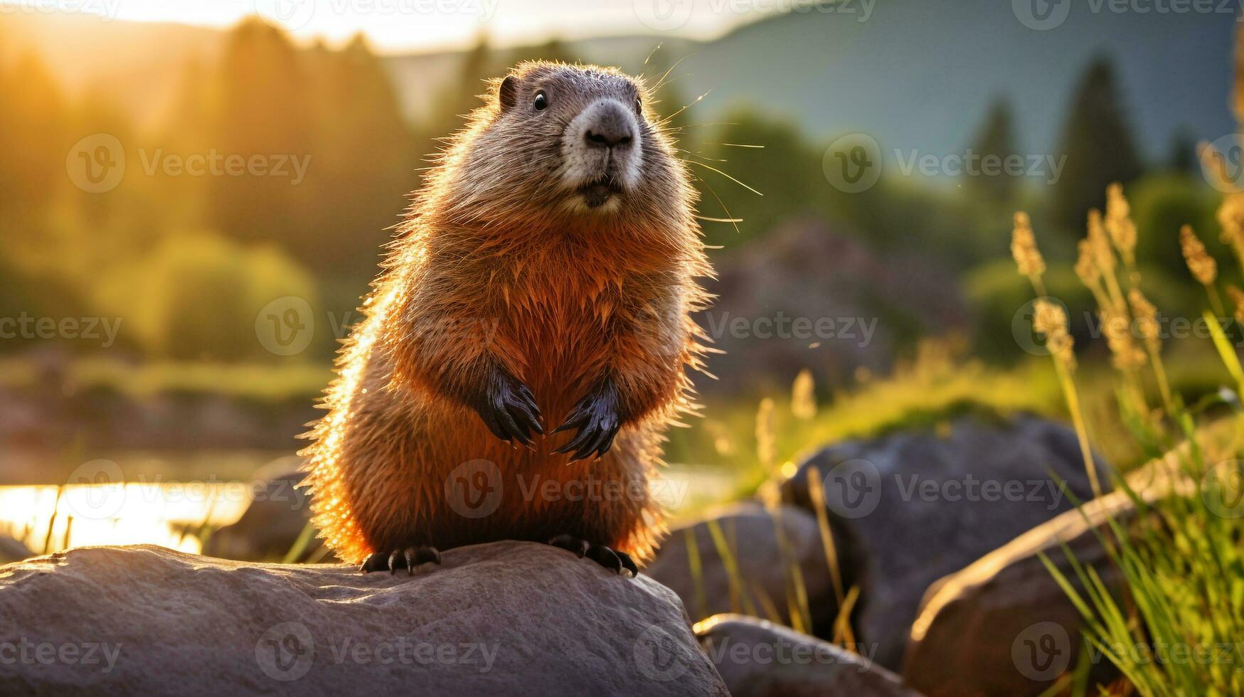 fermer photo de une marmotte à la recherche dans leur habitat. génératif ai