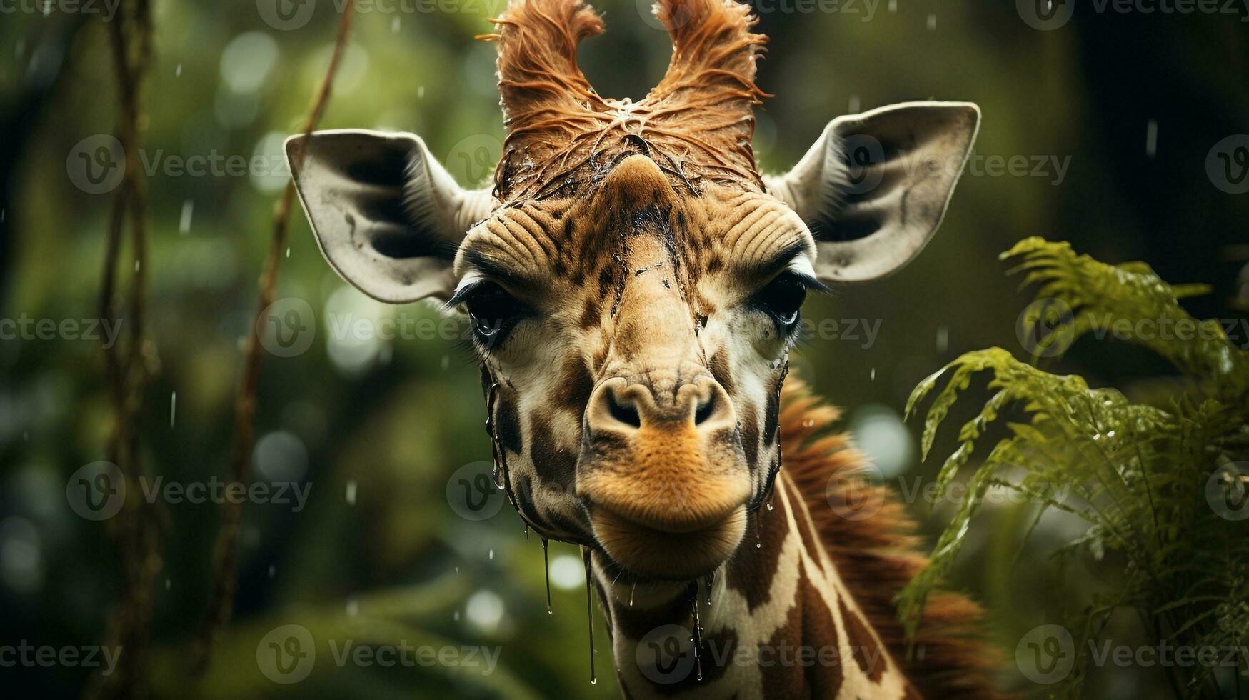 fermer photo de une girafe à la recherche tout direction sur jungle. génératif ai