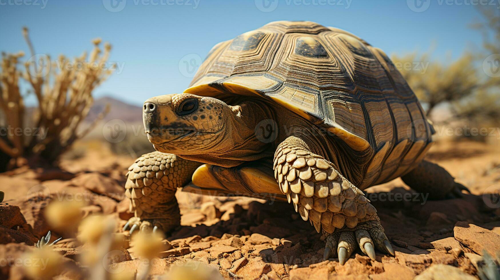 fermer photo de une désert tortue à la recherche tout direction dans le désert. génératif ai