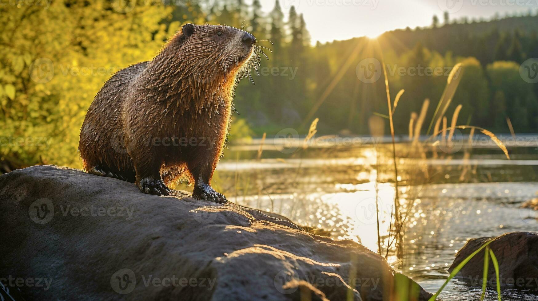 fermer photo de une castor à la recherche dans leur habitat. génératif ai