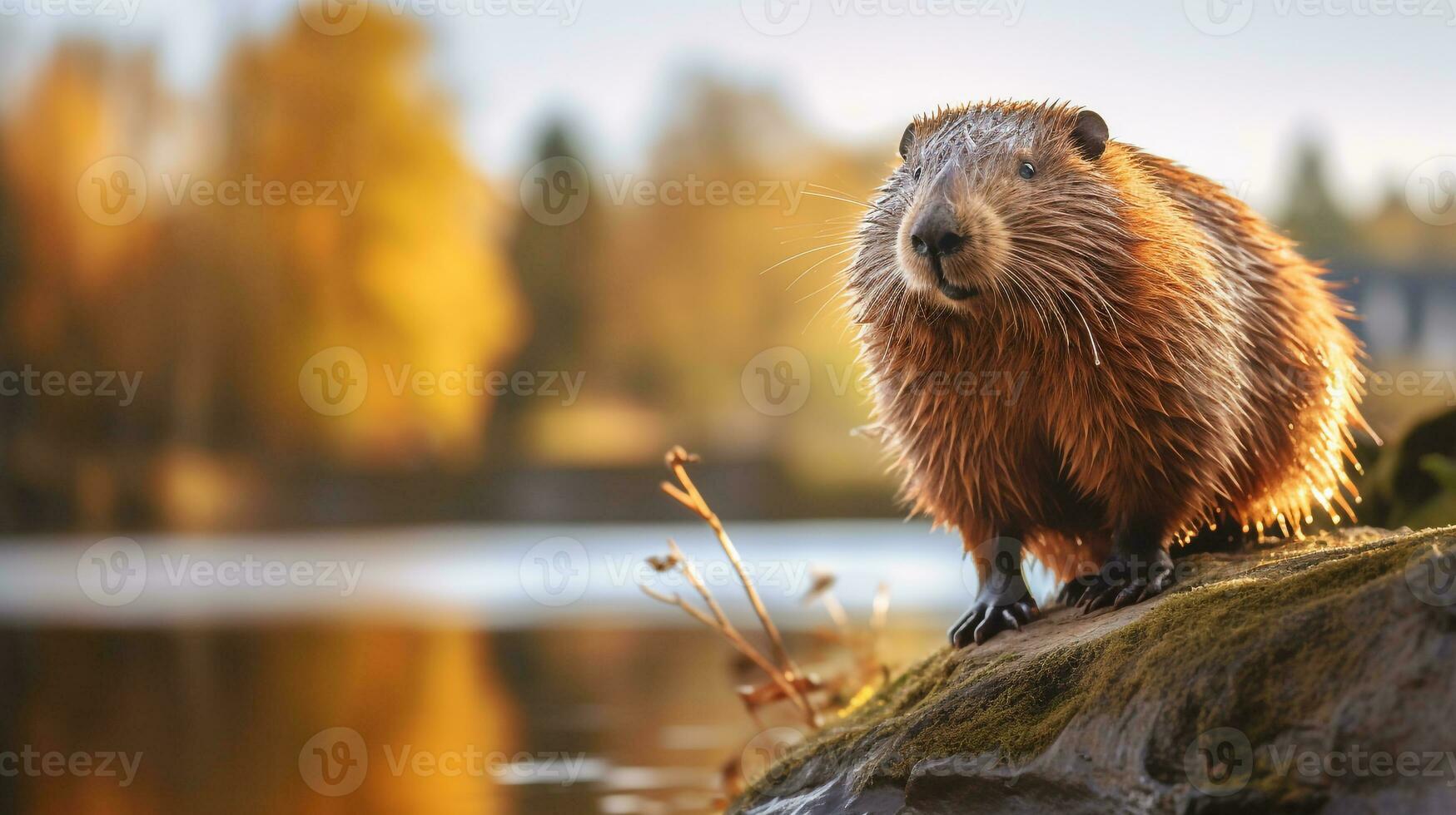 fermer photo de une castor à la recherche dans leur habitat. génératif ai