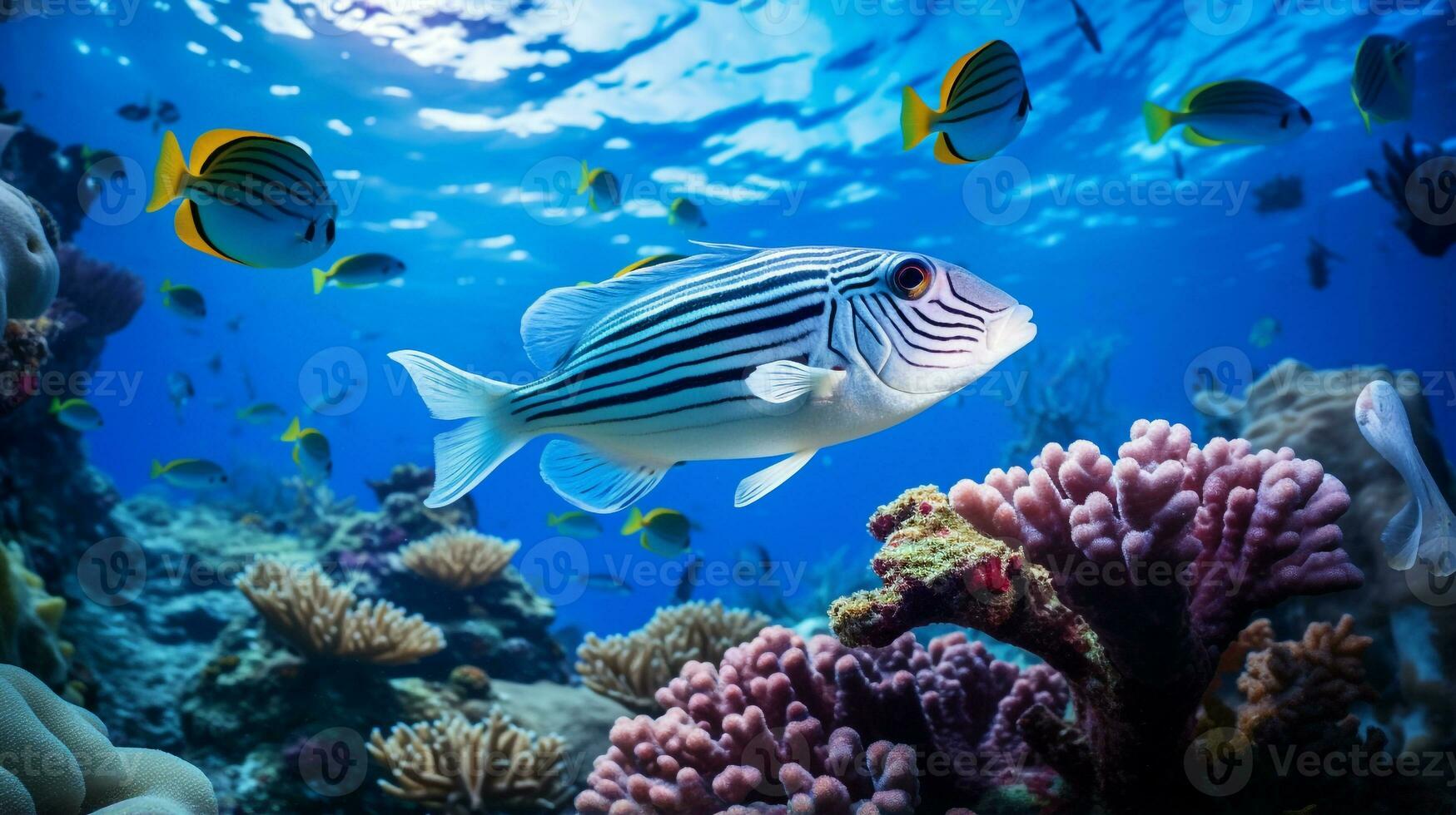 photo de poisson zèbre avec divers poisson entre en bonne santé corail récifs dans le bleu océan. génératif ai