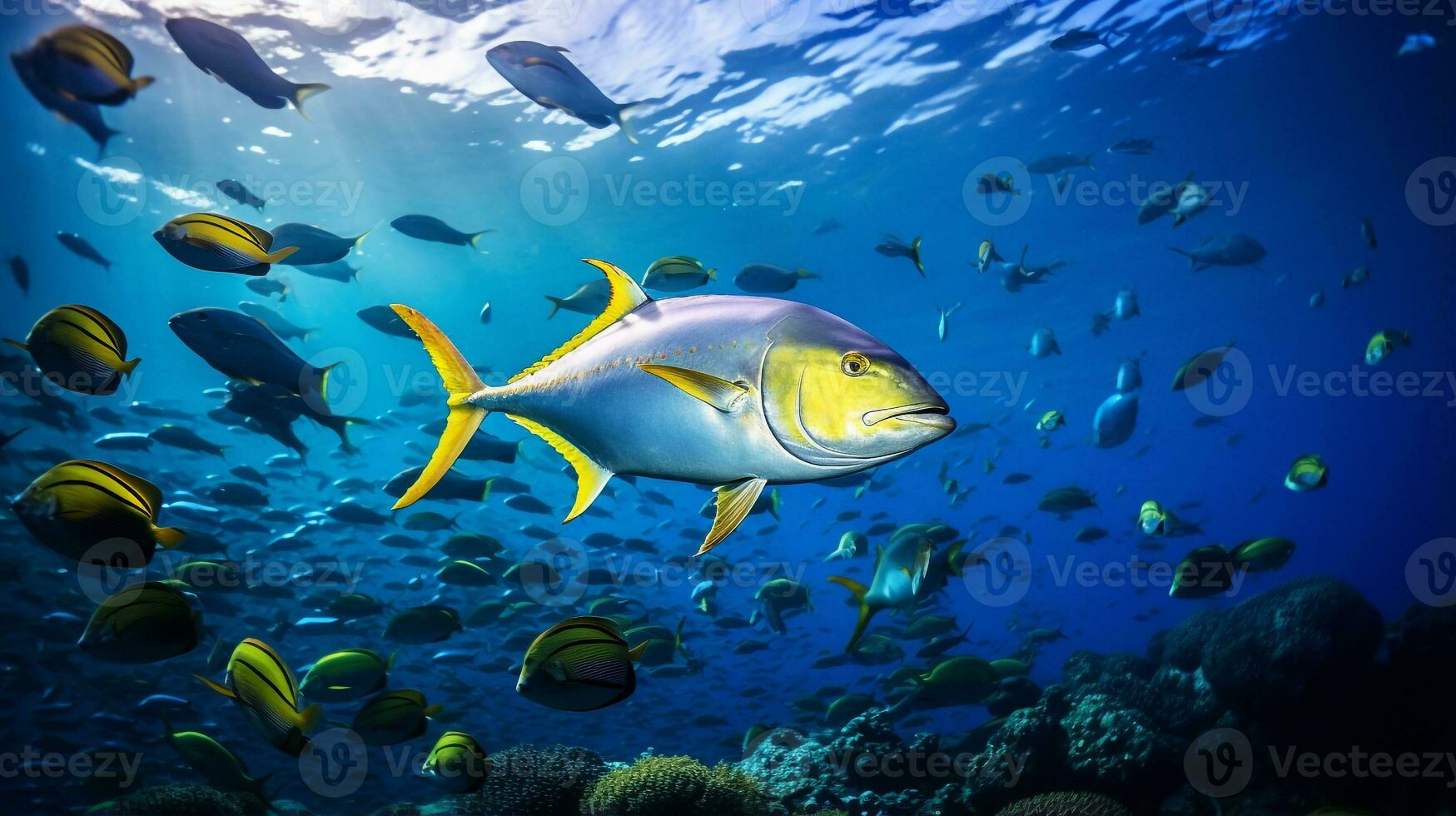 photo de albacore thon avec divers poisson entre en bonne santé corail récifs dans le bleu océan. génératif ai