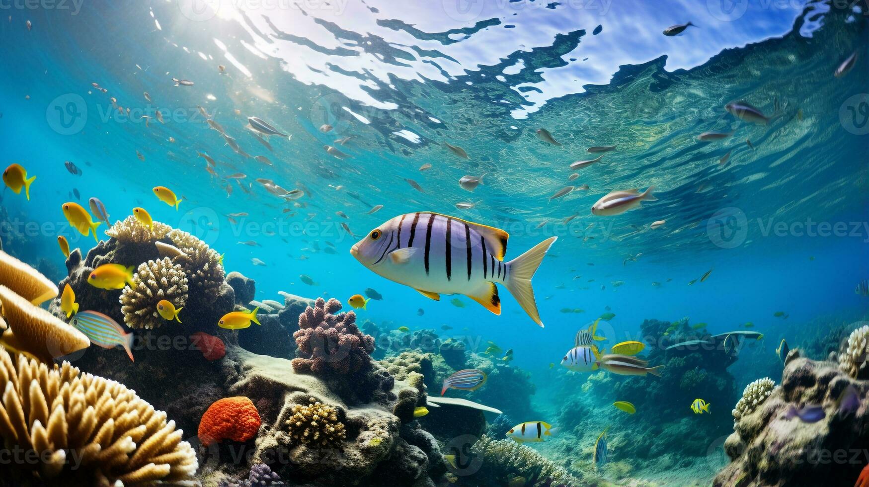 photo de poisson zèbre avec divers poisson entre en bonne santé corail récifs dans le bleu océan. génératif ai