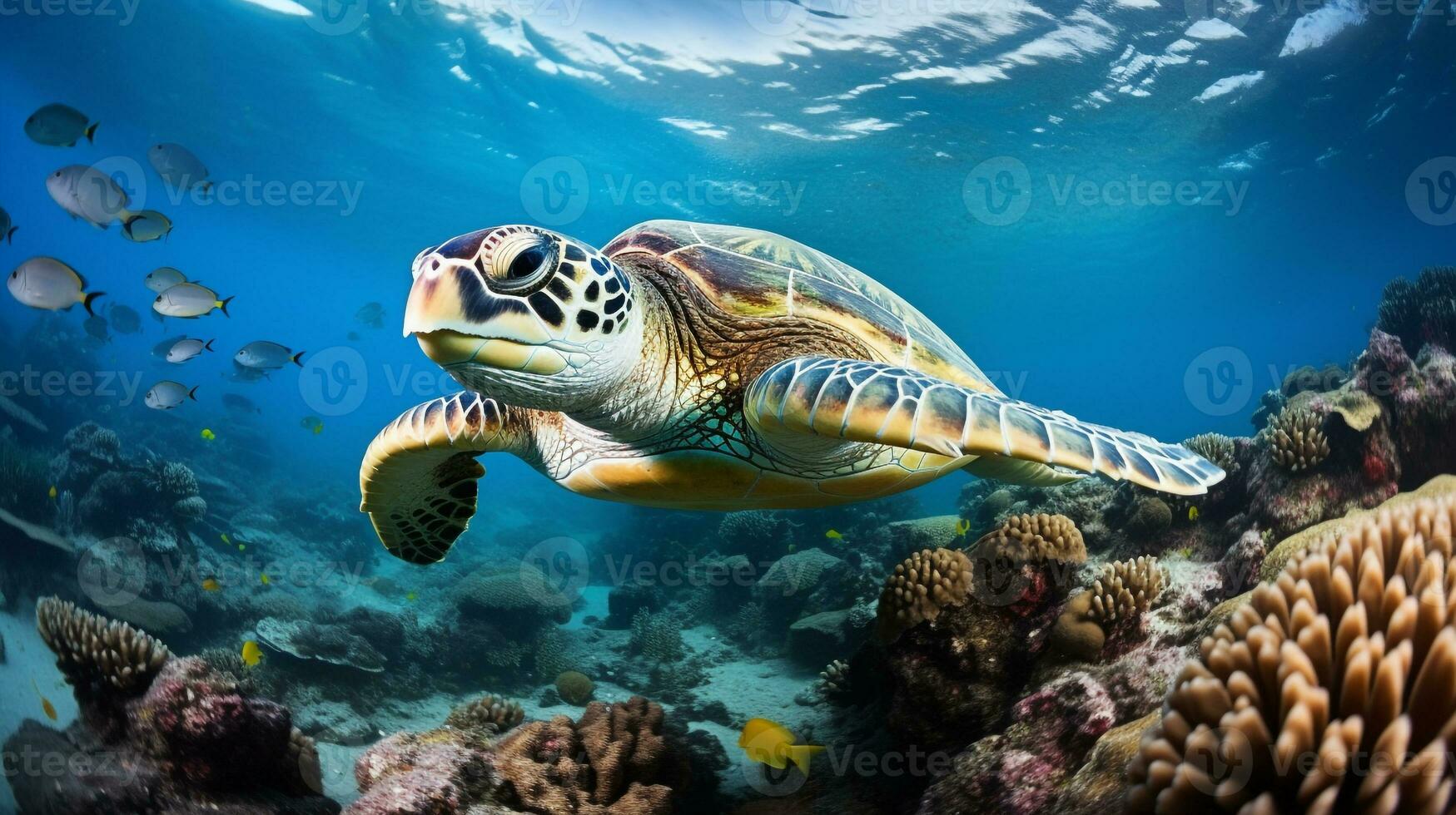 photo de mer tortue avec divers poisson entre en bonne santé corail récifs dans le bleu océan. génératif ai