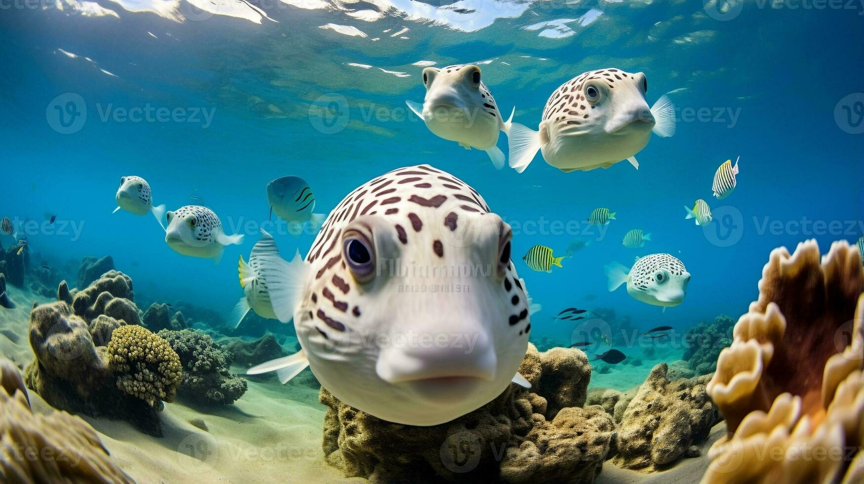 photo de poisson-globe avec divers poisson entre en bonne santé corail récifs dans le bleu océan. génératif ai