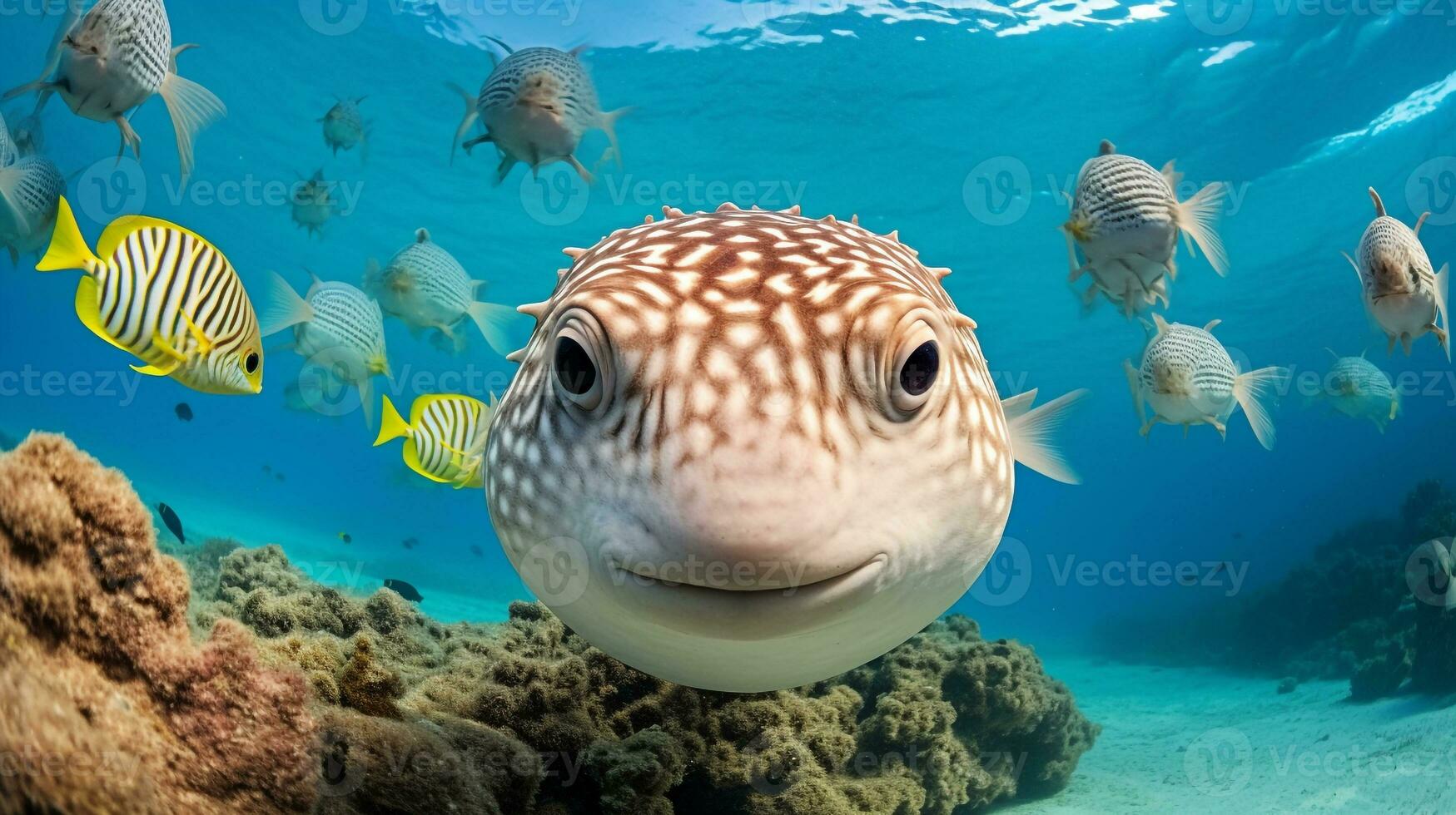 photo de poisson-globe avec divers poisson entre en bonne santé corail récifs dans le bleu océan. génératif ai