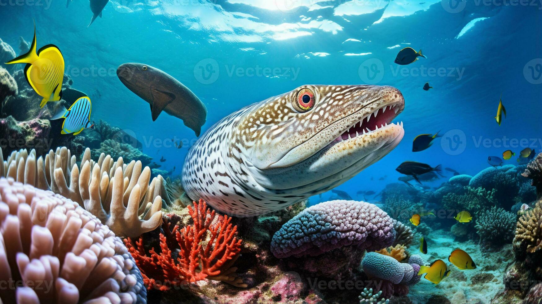 photo de anguille avec divers poisson entre en bonne santé corail récifs dans le bleu océan. génératif ai