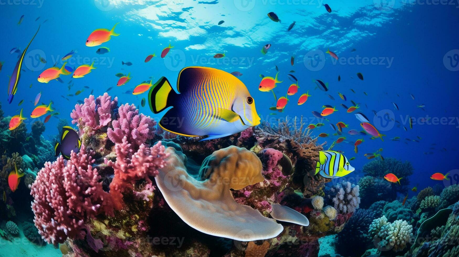 photo de poisson ange avec divers poisson entre en bonne santé corail récifs dans le bleu océan. génératif ai