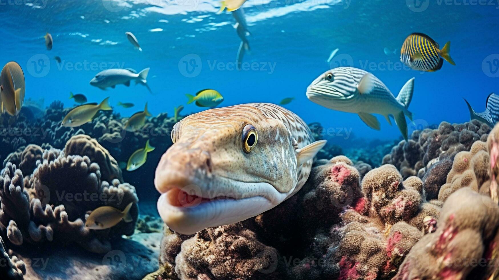 photo de anguille avec divers poisson entre en bonne santé corail récifs dans le bleu océan. génératif ai