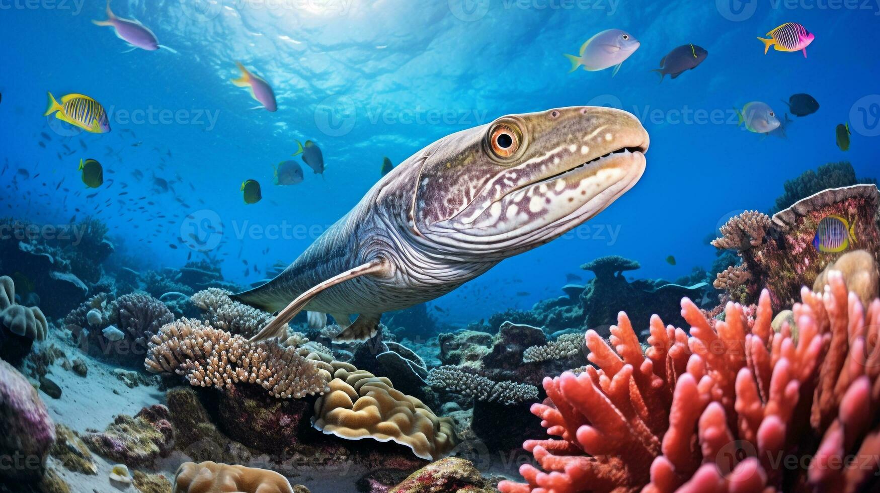 photo de anguille avec divers poisson entre en bonne santé corail récifs dans le bleu océan. génératif ai