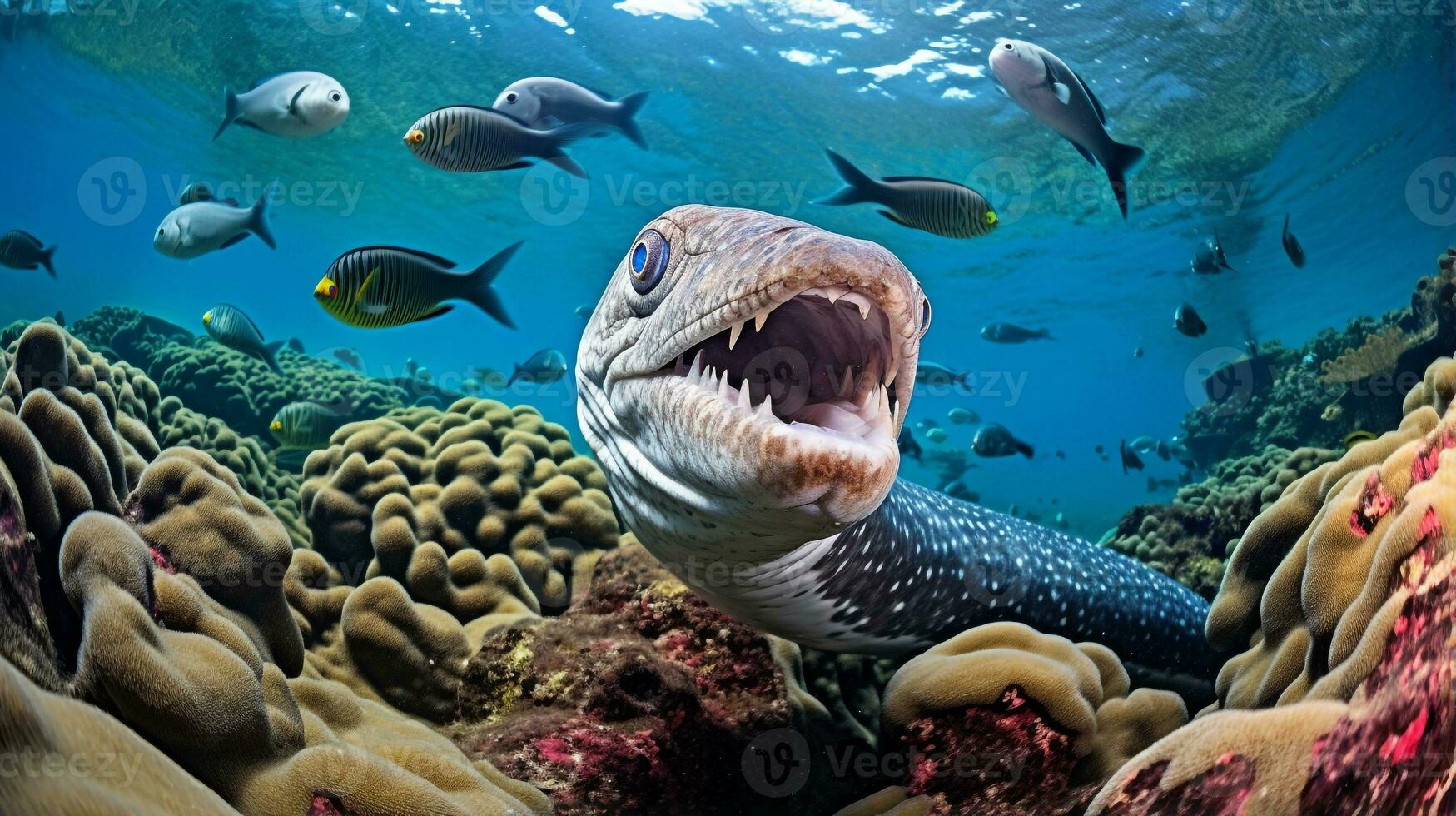 photo de anguille avec divers poisson entre en bonne santé corail récifs dans le bleu océan. génératif ai