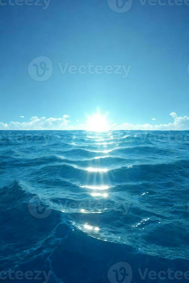 bleu océan panorama avec Soleil réflexion, le vaste ouvert mer avec clair ciel, ondulation vague et calme mer avec magnifique lumière du soleil. ai généré photo