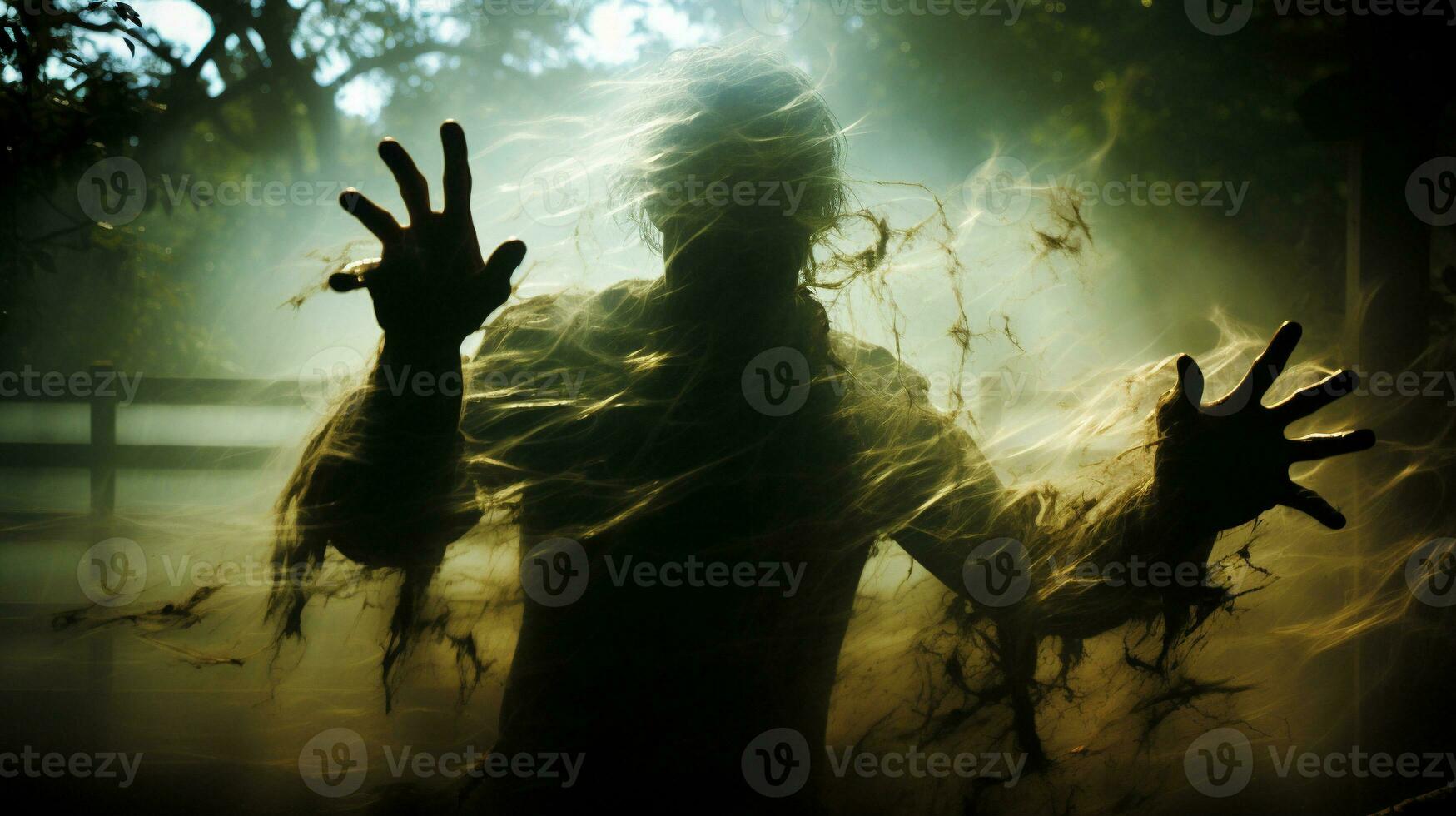 génératif ai, éthéré rencontre hanté visage dans le brouillard photo