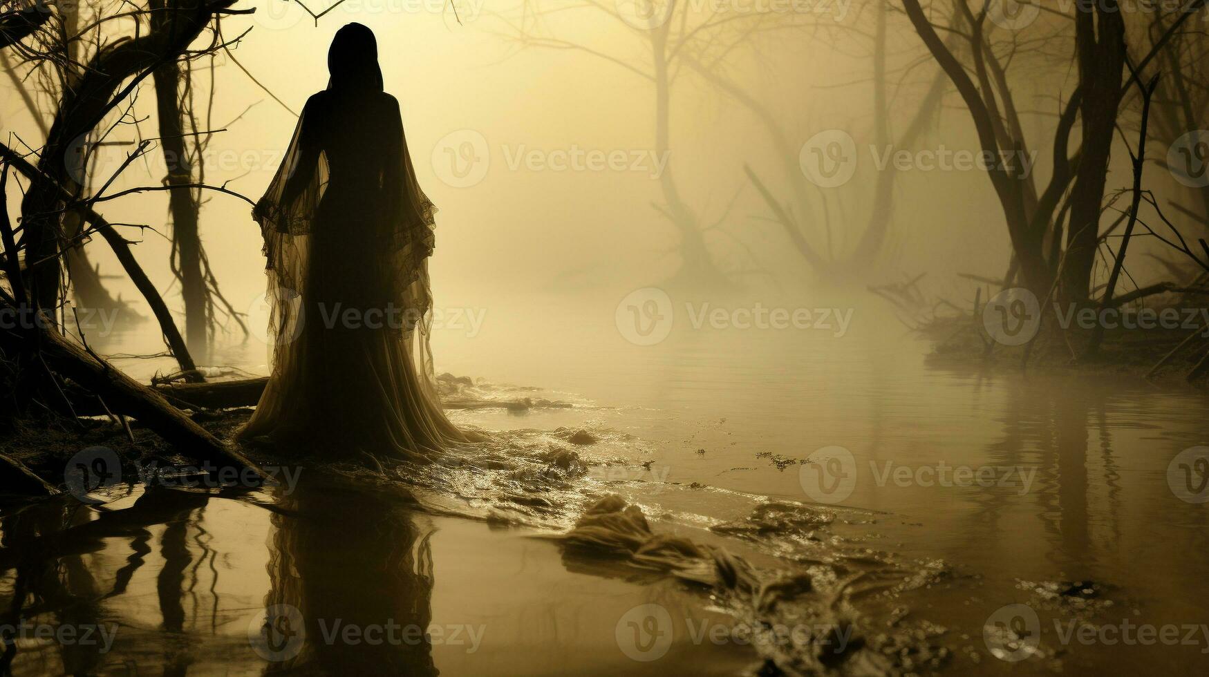 génératif ai, éthéré sérénité le fantôme par le éclairé par la lune Lac photo