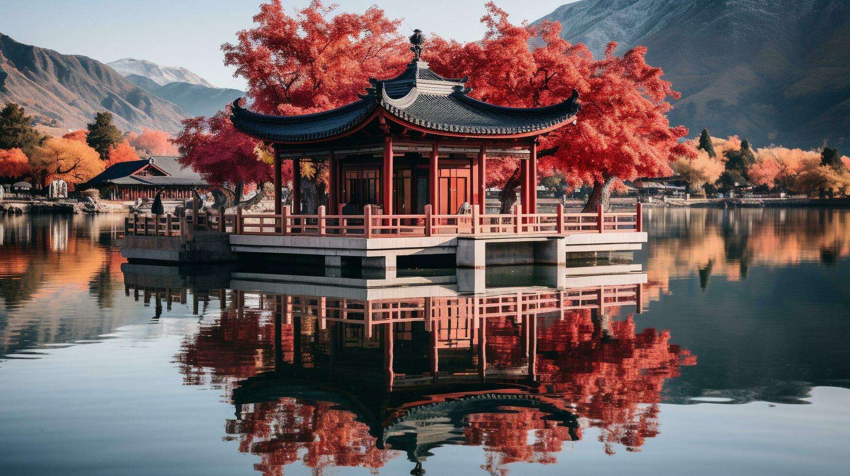 une célèbre point de repère dans une serein semblable à un miroir lac, génératif ai photo