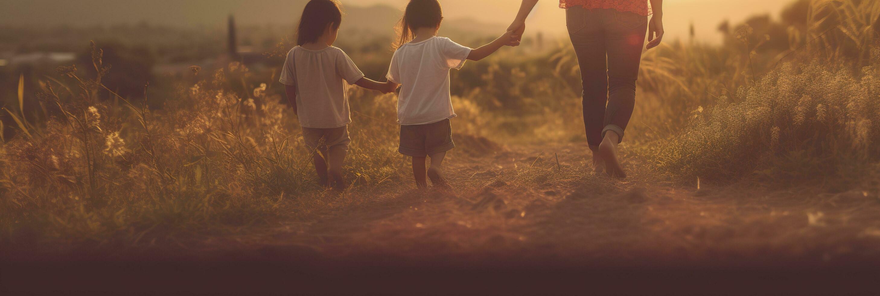 content famille mère père et fille marcher sur la nature sur le coucher du soleil tenir main. ai génératif photo