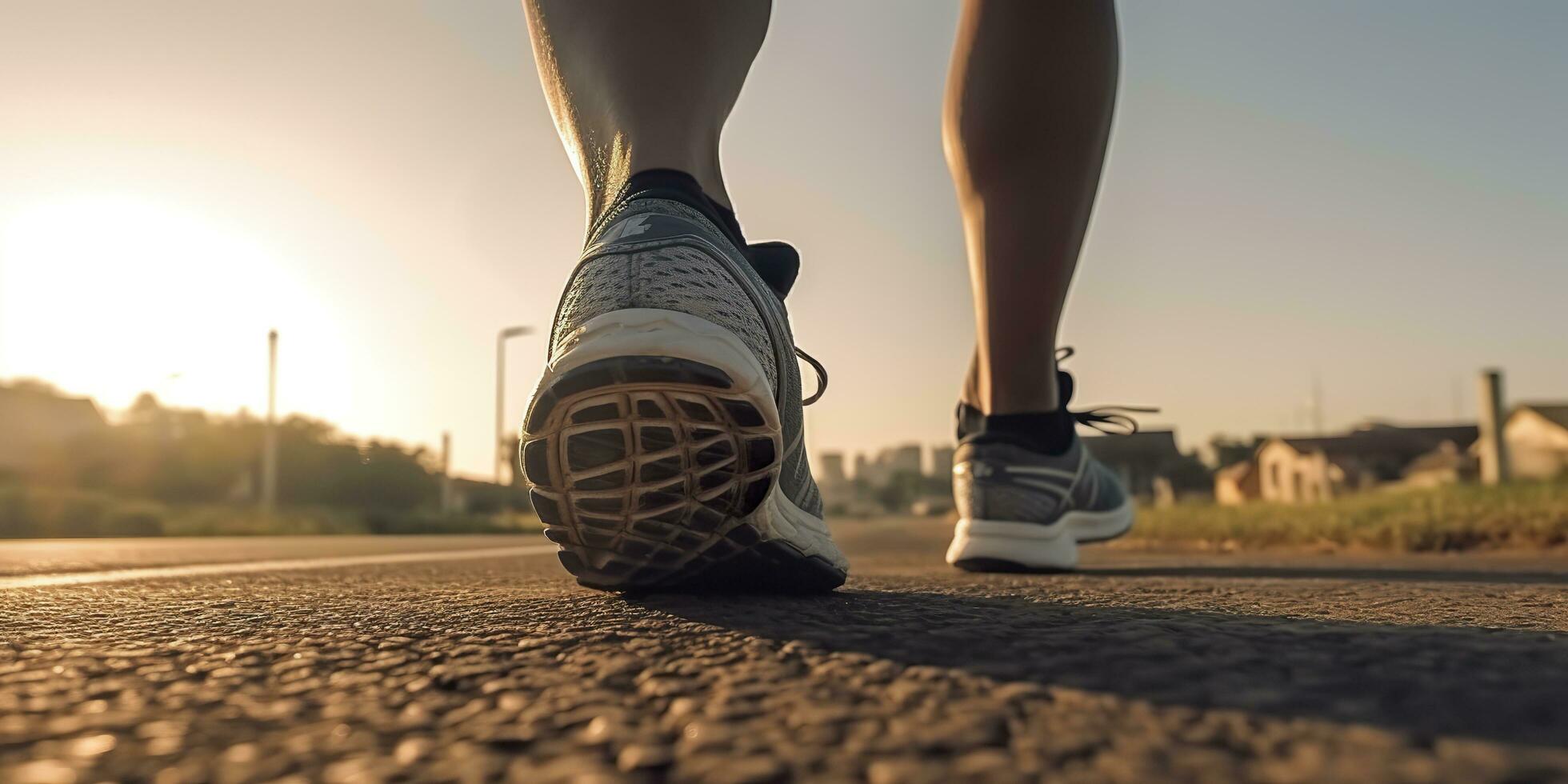 proche en haut sur le chaussure, coureur athlète pieds fonctionnement sur le route en dessous de lumière du soleil dans le Matin. ai génératif photo