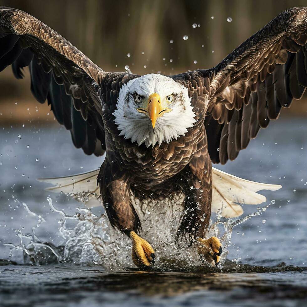 pêche chauve aigle, une chauve Aigle orienté vers caméra captures une poisson en dehors de le eau, dans le style de nationale géographique concours gagnant, super téléobjectif proche en haut. ai génératif photo