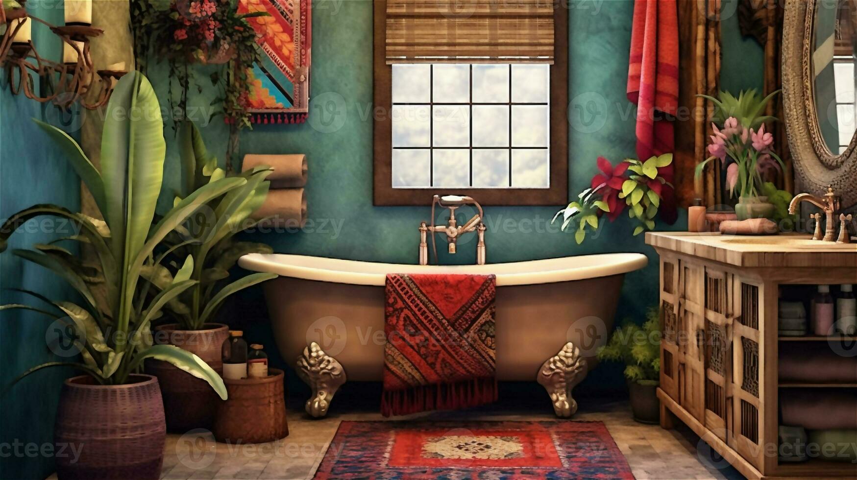 génératif ai, boho félicité une vibrant et relaxant salle de bains conception photo