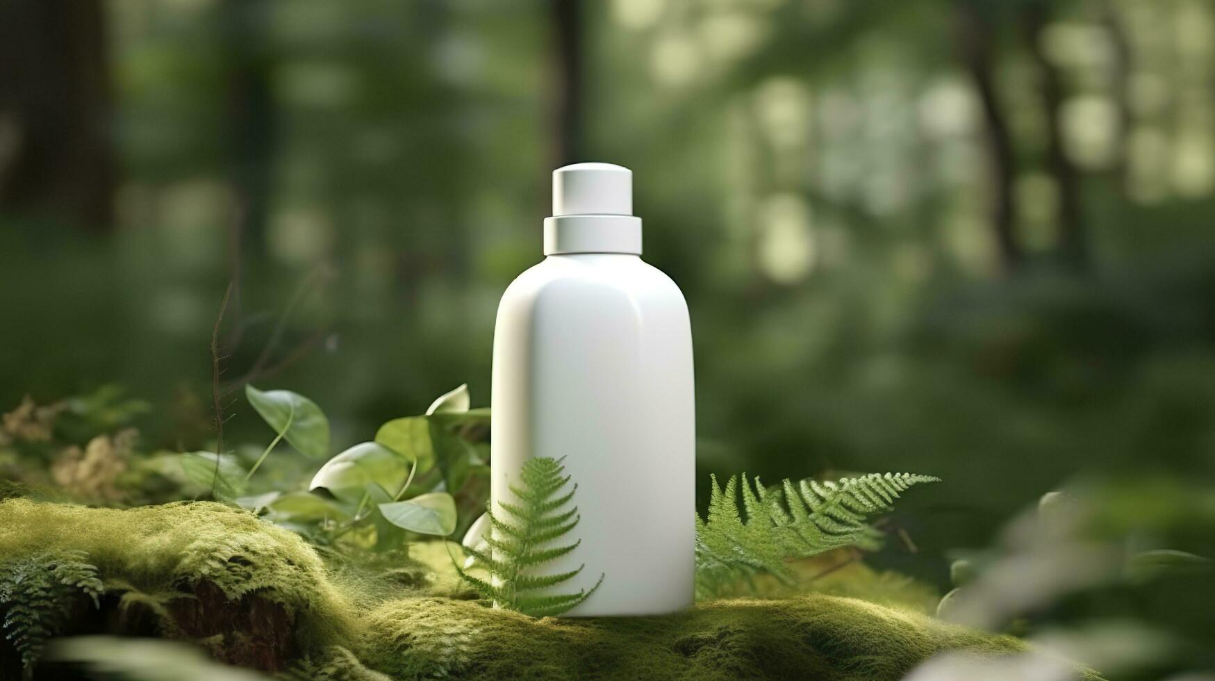 Naturel cosmétique produit présentation coulisses. en plein air forêt placement. blanc Vide pot shampooing bouteille. 3d. ai génératif photo