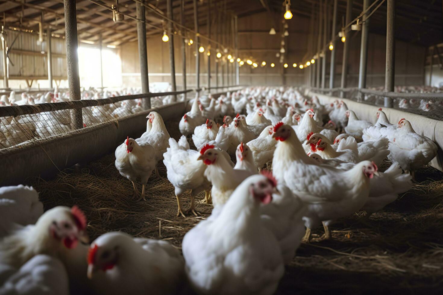 poulet ferme pour croissance gril poulets à le âge de un et une moitié mois, ai génératif photo