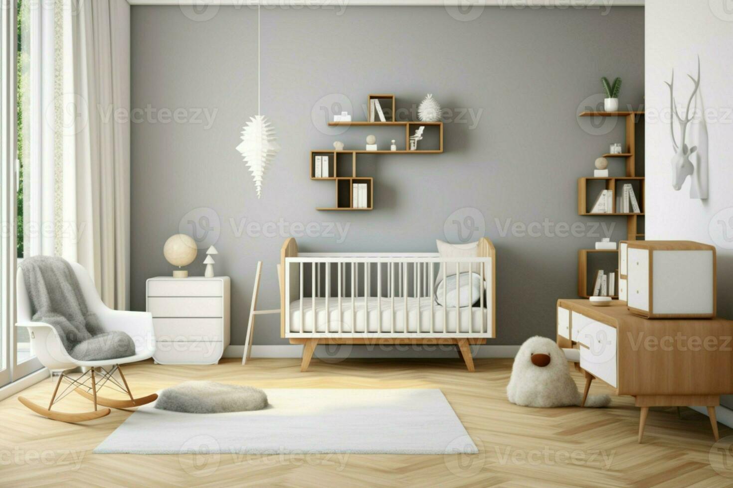 lisse scandinave des gamins chambre avec une minimaliste conception avec une élégant lit de bébé ai généré photo