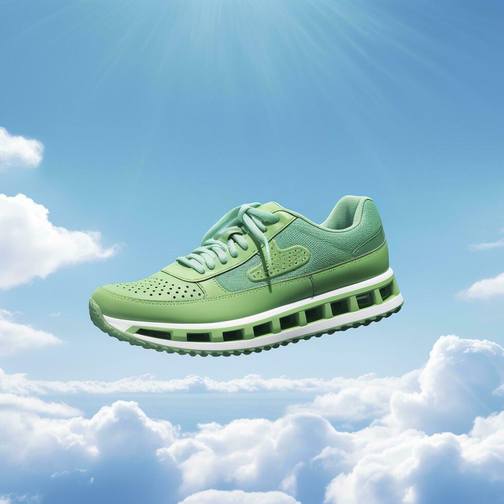 proche en haut vert des sports des chaussures sur une bleu mer niveau avec bleu ciel et blanc des nuages brillant lumière Contexte. Créatif publicité. ai génératif photo