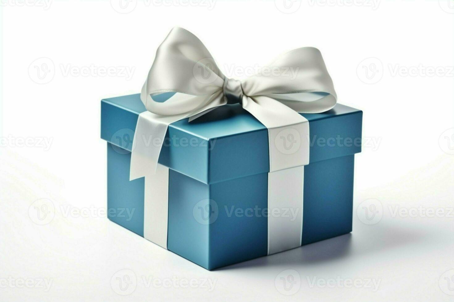 ouvert bleu boîte, orné avec gracieux blanc arc. permanent en dehors sur blanche. ai généré photo