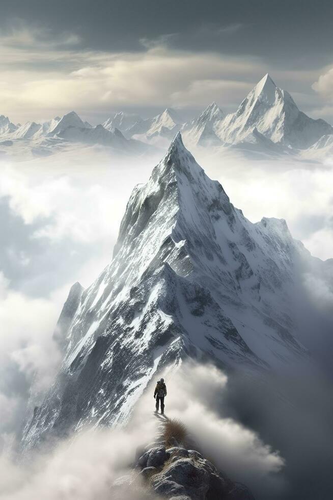 homme sur Haut de montagne, en marchant par des nuages, ai génératif photo