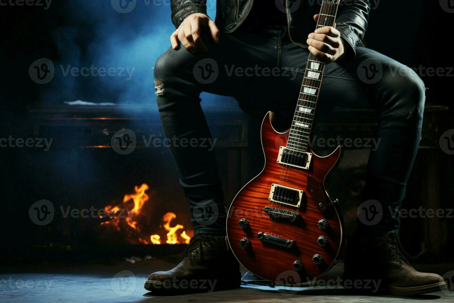 une Jeune homme dans bleu jeans des stands avec un électrique guitare dans une vaguement allumé paramètre. ai généré photo