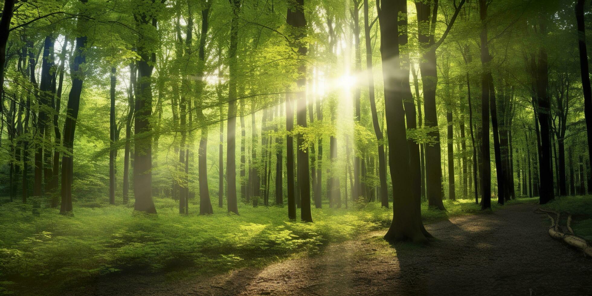 magnifique des rayons de lumière du soleil dans une vert forêt. génératif ai photo